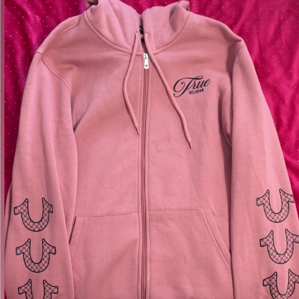 True Religion Pink Kids Zip-Up Hoodie with Sleeve Horseshoe Graphics